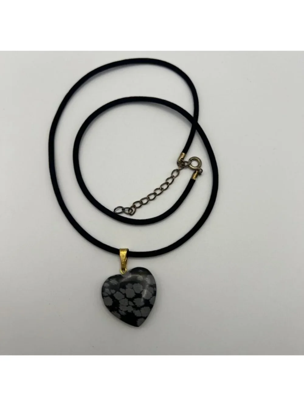 Snowflake Obsidian Heart Pendant Necklace Black Cord Gold-Tone 20+2" Healing - Picture 6 of 8